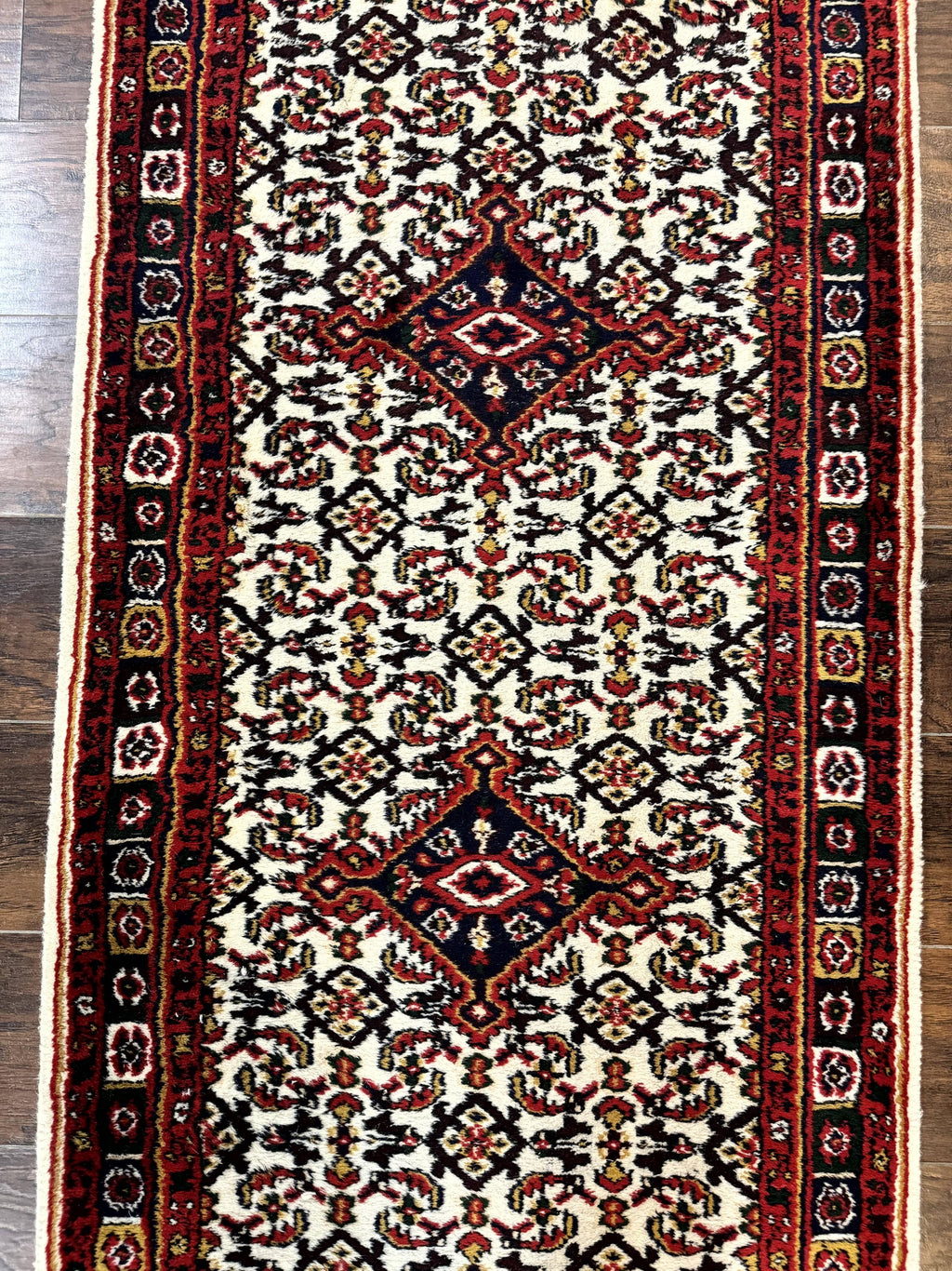 Indo Persian Bidjar Runner Rug 2.8 x 10, Vintage Rug for Hallway, 10ft Runner, Wool Handmade Ivory and Red, Medallions