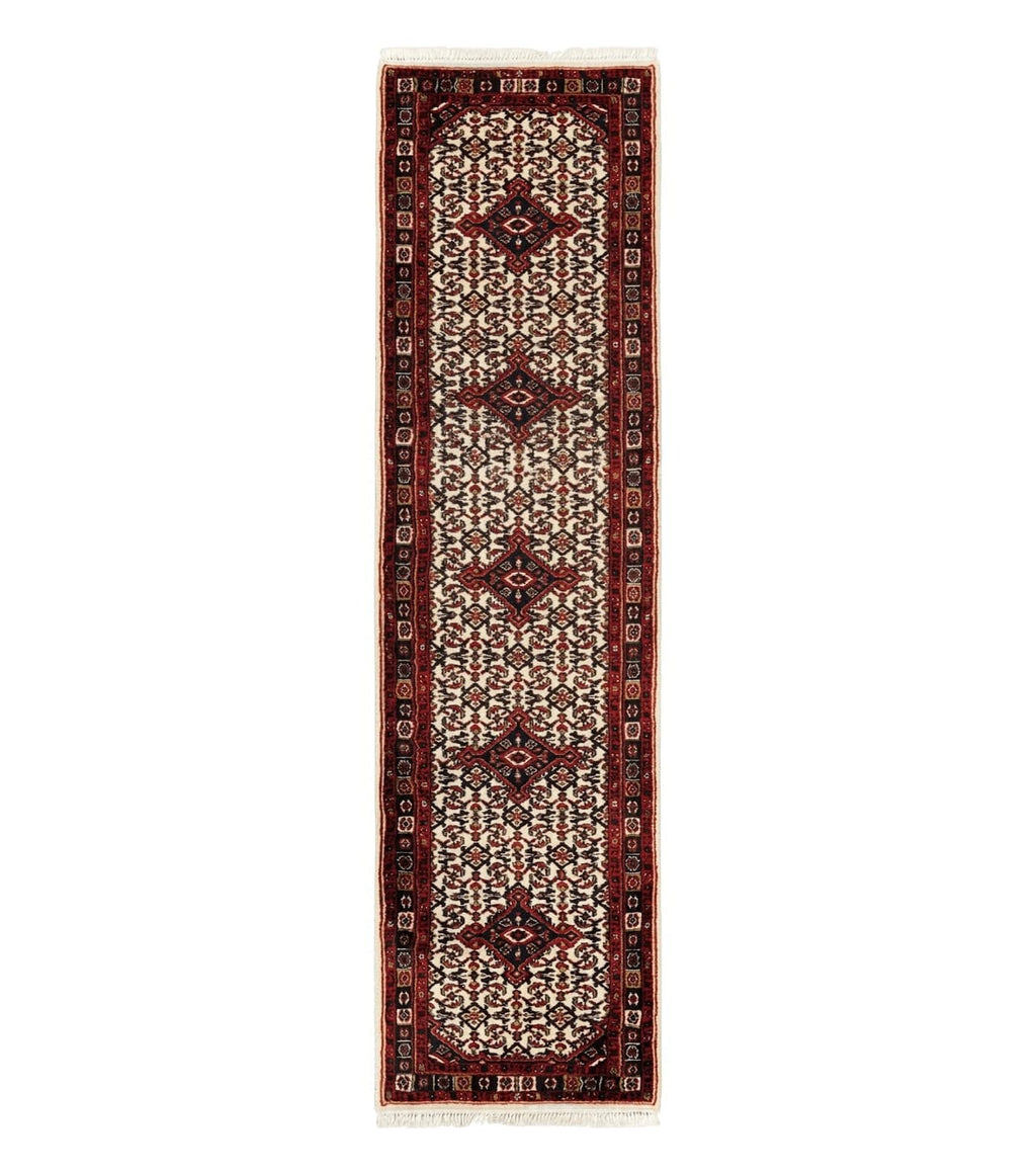 Indo Persian Bidjar Runner Rug 2.8 x 10, Vintage Rug for Hallway, 10ft Runner, Wool Handmade Ivory and Red, Medallions