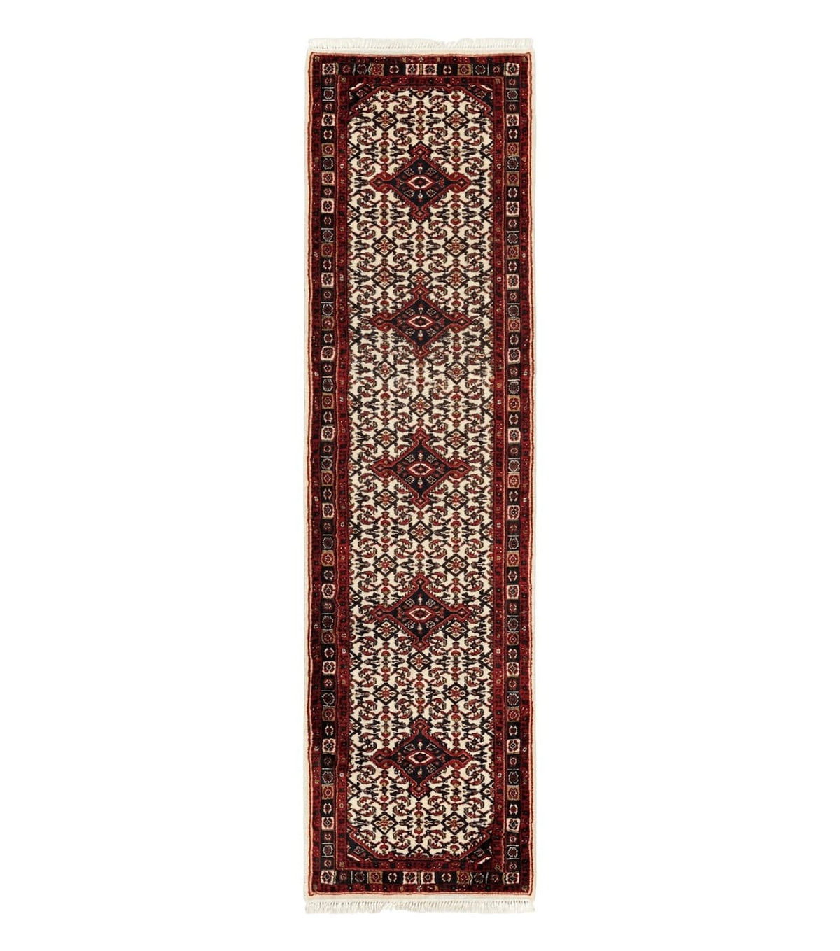 Indo Persian Bidjar Runner Rug 2.8 x 10, Vintage Rug for Hallway, 10ft Runner, Wool Handmade Ivory and Red, Medallions